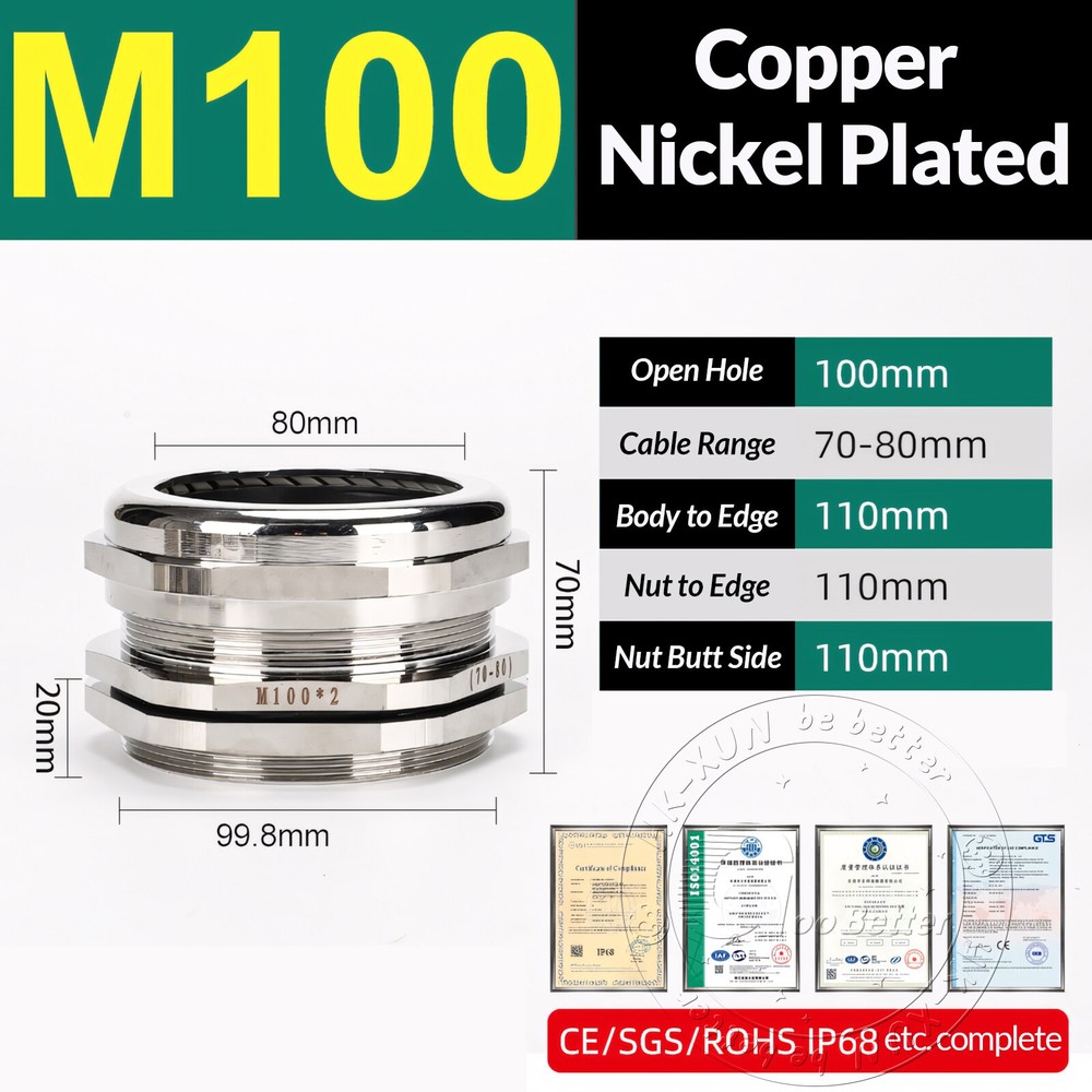IP68 Waterproof Nickel Plated Brass Cable Glands M6-M100 / PG7-PG63