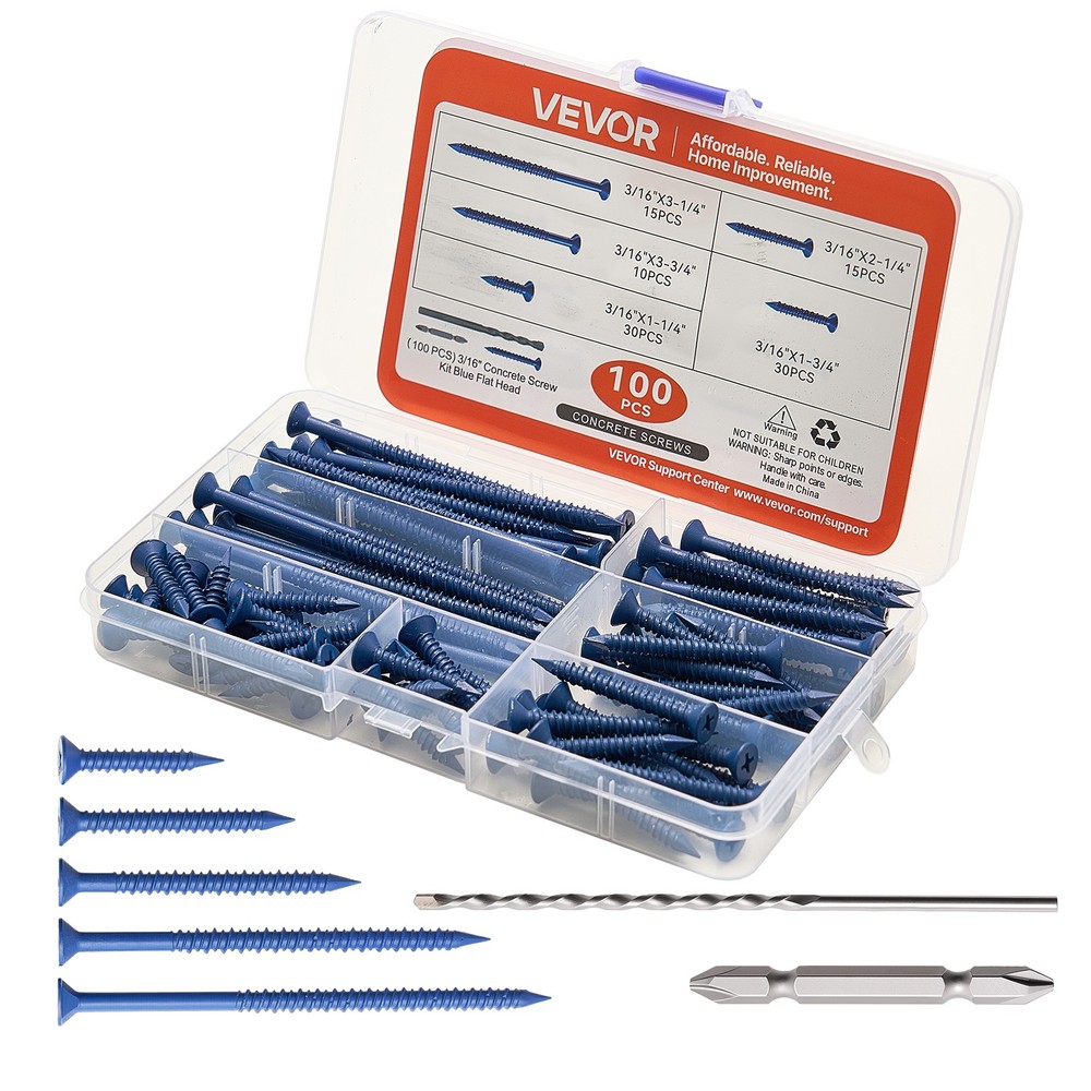VEVOR Concrete Screws Masonry Screws 3/16 inch 100 PCS 5 Lengths Phillips Head