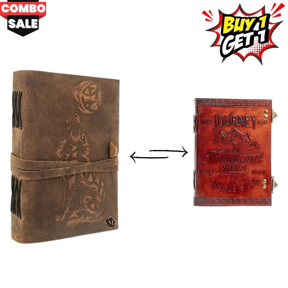 Handmade Leather Journal 5×7 –Wolf&Journey Embossed Diary,200 Pages |B1g1 free