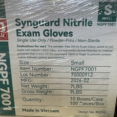 Synguard PF Nitrile Exam Gloves, Size Small, Case of 1,000