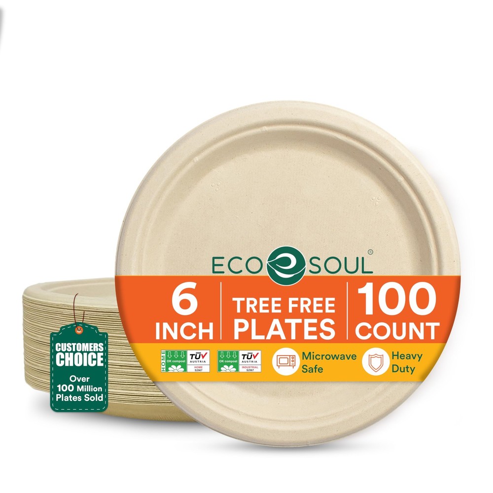 ECO SOUL Compostable Paper Plates 6 Inch, 100 Pack – 6″ [Natural], Natural