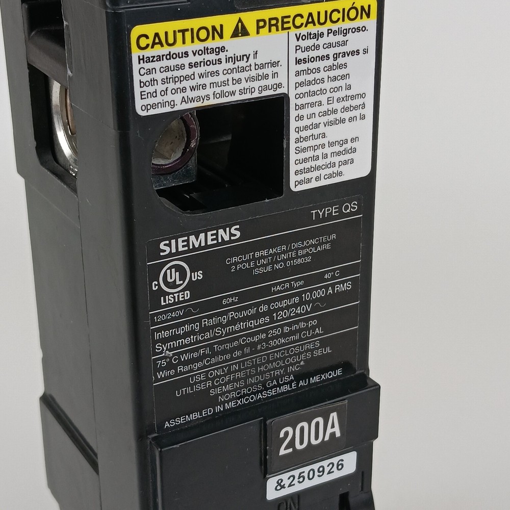 Siemens 200 Amp 2 Pole 240 Volt Molded Case Circuit Breaker Type QS