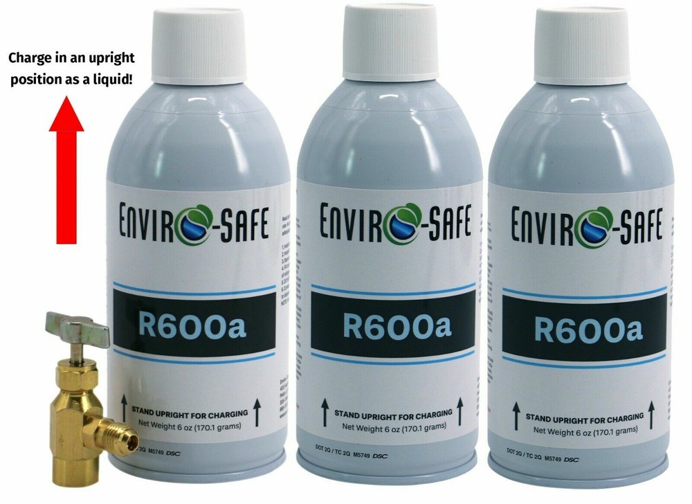R600a Refrigerant (UPRIGHT CAN!) 3 cans & Top Tap Kit #8095