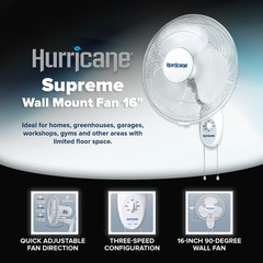 Hurricane 16″ 90 Degree Oscillating 3 Speed Wall Mounted Fan, White (Open Box)