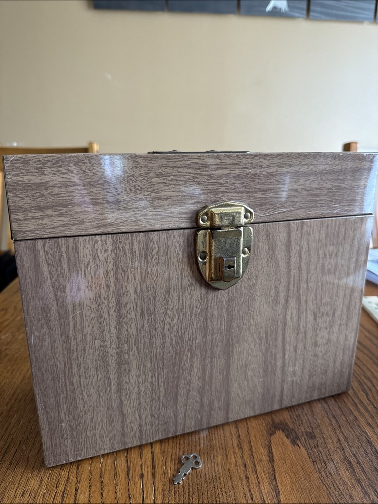 VTG Metal File Box & Key Lock Excelsior USA 12×5.5×10 Wood Grain Steel