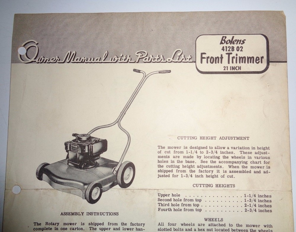 Bolens 412B 02 Front Trimmer Mower Operators Owners Parts List Manual Original!