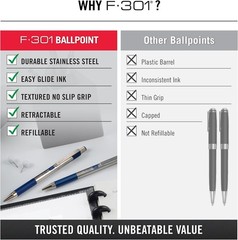 F-301 Ballpoint Blue Ink Fine Point 0.7mm Pen, Easy-Glide Ink, Stainless Steel