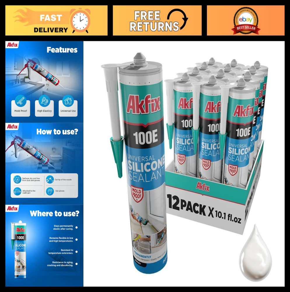 100% Waterproof White Silicone Caulk – 12 Pack, 10.1 fl. oz. for Kitchen, Bathro