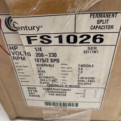 OEM CENTURY 4MB51 FS1026 Condenser Fan Motor, 1/4 HP, 208-230V, 1075 RPM