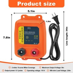 Electric Fence Charger PE2 0.10 Joule, 2-Mile/ 8 Acres Plug in Electric Fence Ch