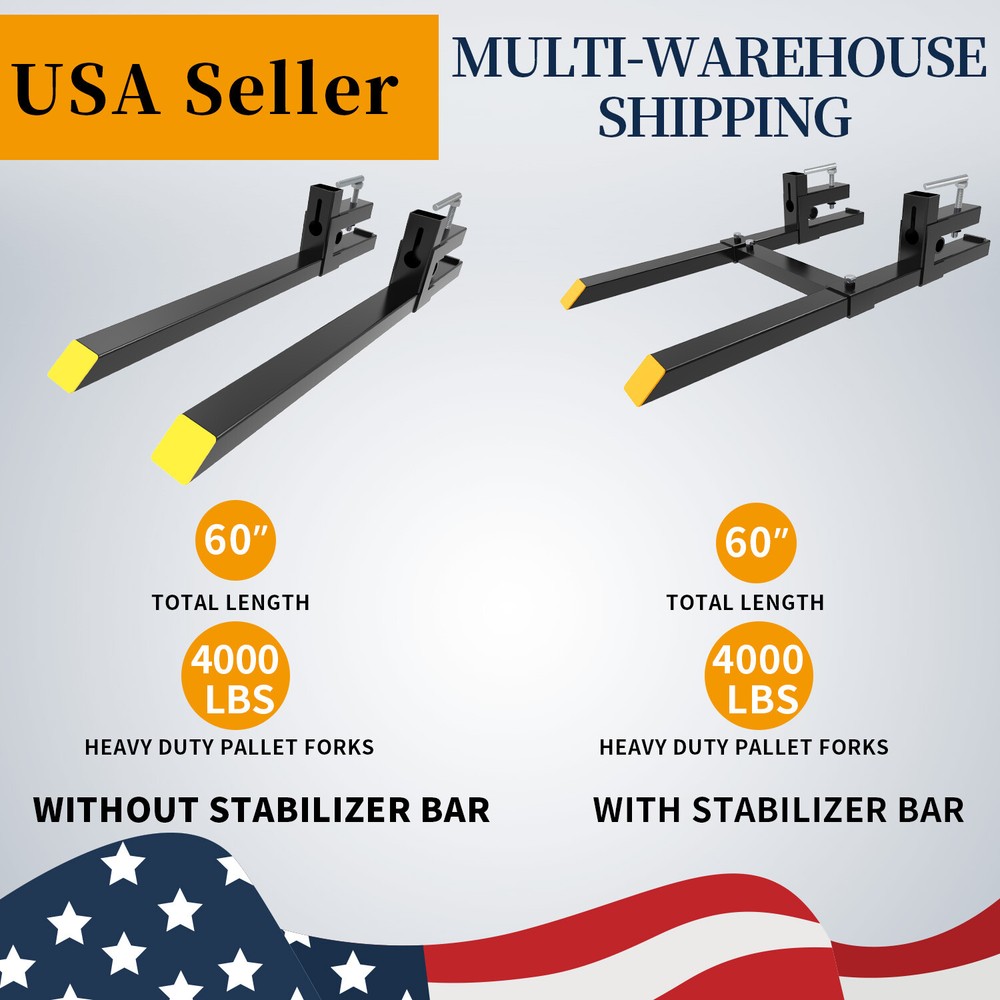 60″ Clamp on Pallet Forks 4000lb Loader Bucket Skid Steer Tractor Stabilizer Bar
