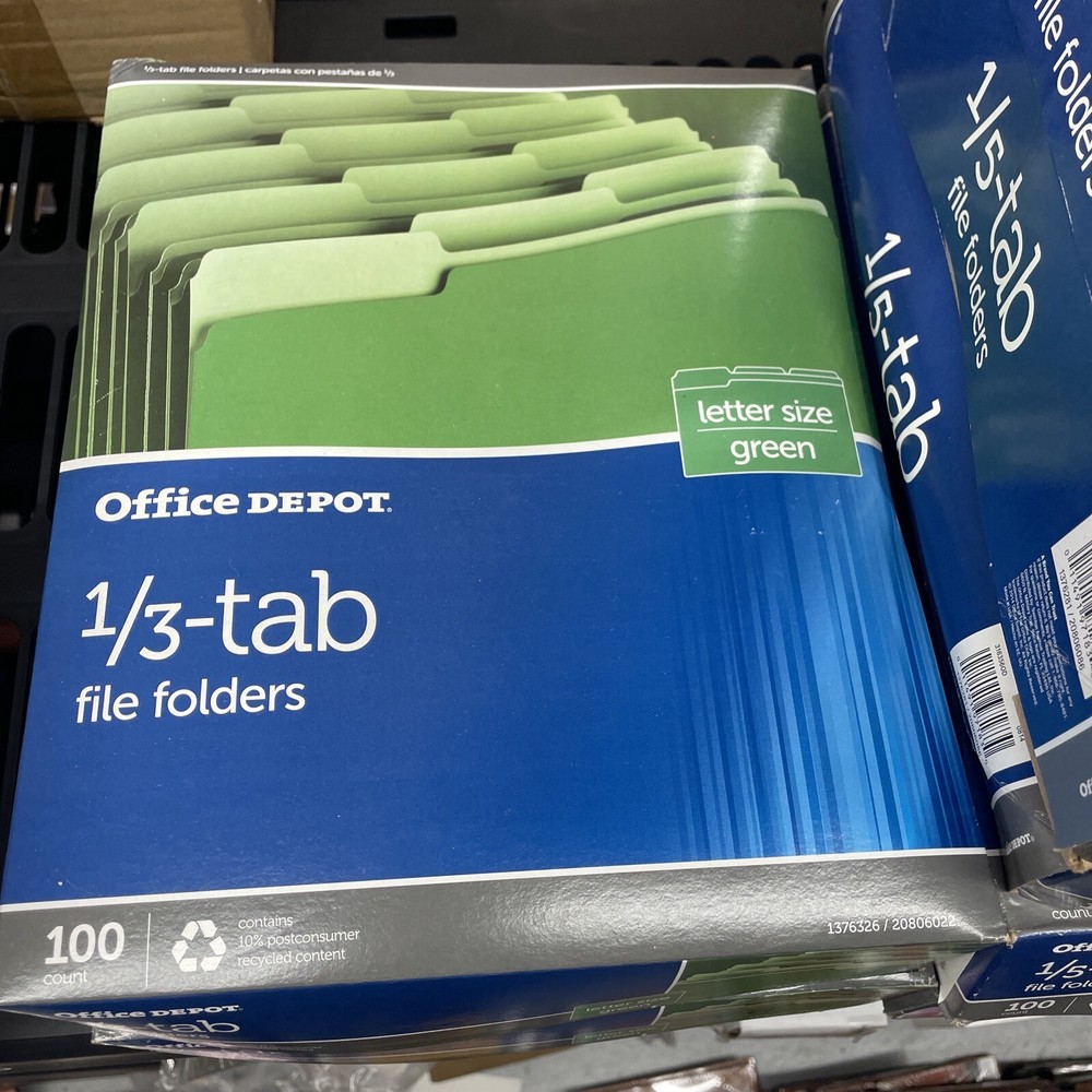 (100) Office Depot 1/3 Tab Green Letter Size File Folders S3