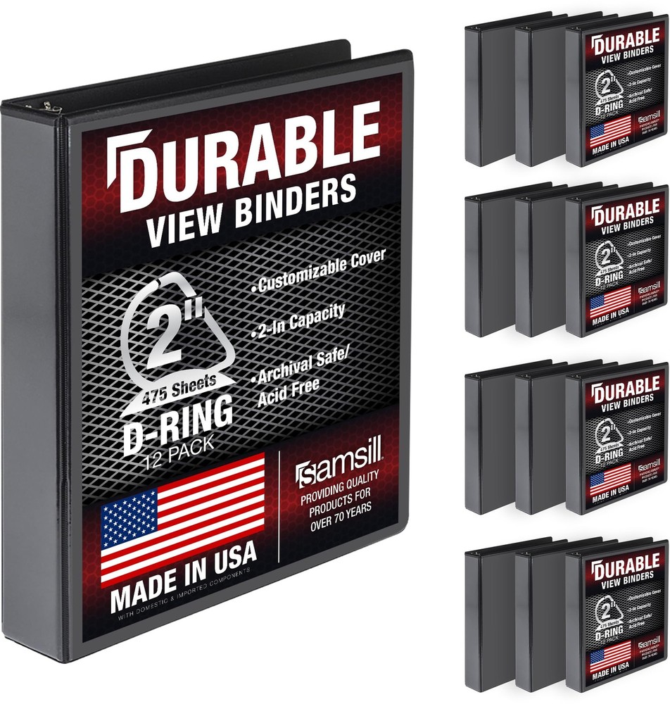 Samsill 2 Inch D Ring Binder, 100% Recycled Chipboard, Black, 12 Pack