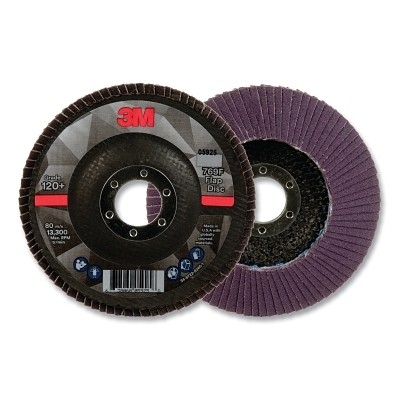 Flap Disc 769F, 4.5 in dia, 120+ Grit, 0.875 in arbor, 13300 RPM 3M™ 7100178091