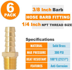 6 pcs 3/8″ Barb to 1/4″ NPT, Air Hose Barb Pipe Fittings Male Threaded, Adapter,