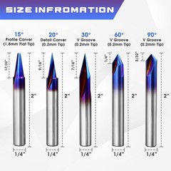 5 Piece Engraving CNC Wood Carving Router Bit with Nano Blue 0.25 Inches