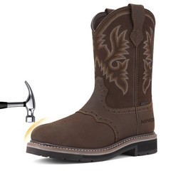 HISEA Men Cowboy Boots Square Toe Western Genuine Leather Steel Toe Safety Boots