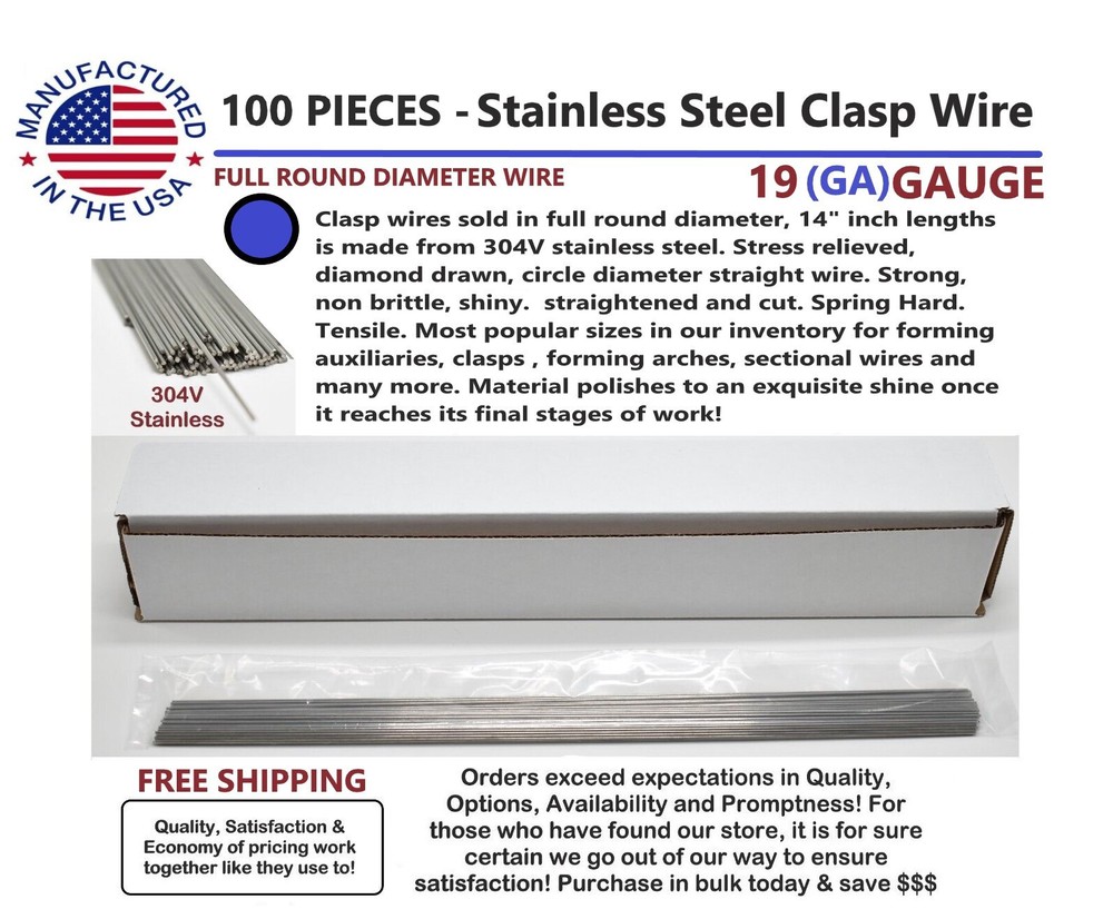 14 inch FULL ROUND Dental Stainless Steel Clasp Wire – 19 (GA) Gauge -100 Pieces