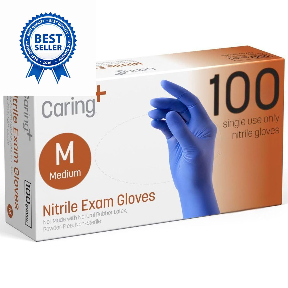 Caring Nitrile Exam Gloves Medium (Pack of 100), 100)