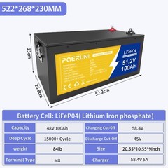 48V 100Ah LiFePO4 Lithium Battery 15000 Deep Cycle BMS for Solar RV Off-grid RV