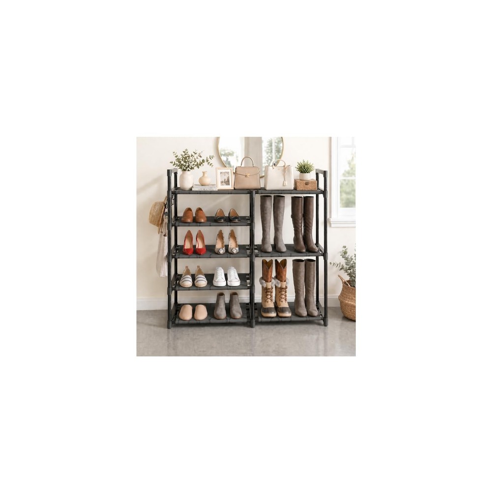 5 Tier Shoe Rack Black Tubes Shoe Rack with Oxford Fabric Lightweight Shoes S…