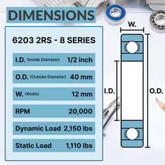 (10) 6203-2RS-8 Sealed Chrome Steel Bearing 1/2″x40x12mm High RPM
