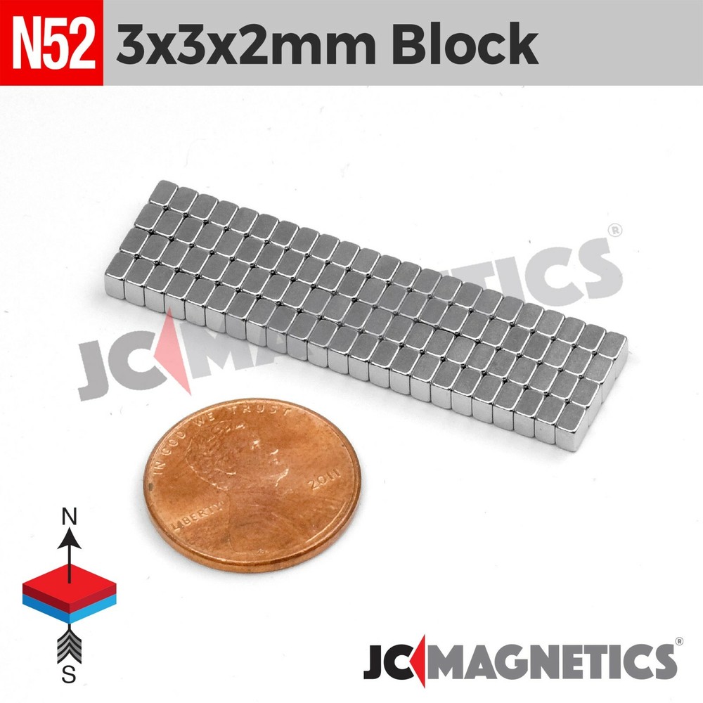 Magnet Block 3mm x 3mm x 2mm N52 Super Strong Rare Earth Neodymium 3x3x2mm