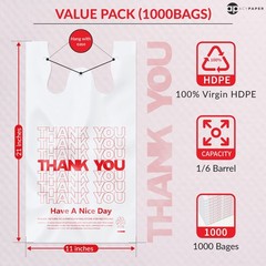 Thank You T-Shirt Bags 1000 Count 11″ x 6″ x 21″ White Plastic Bags