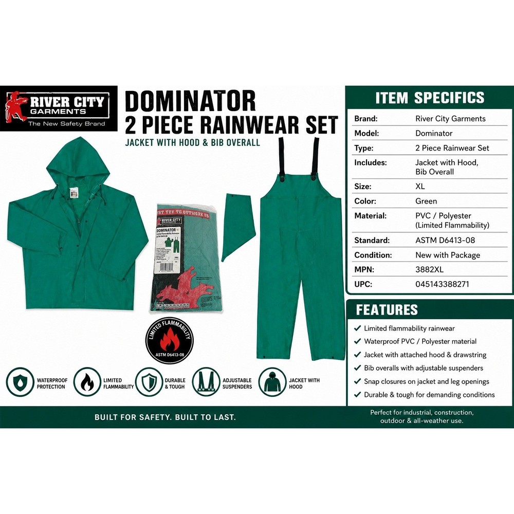 River City Dominator Green Rain Suit 2pc Jacket Bibs ASTM D6413-08 4XL 3882X4