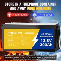 POERUNI 12V 300Ah LiFePO4 Battery 4000+ Deep Cycles 3840Wh 200A BMS for RV Solar