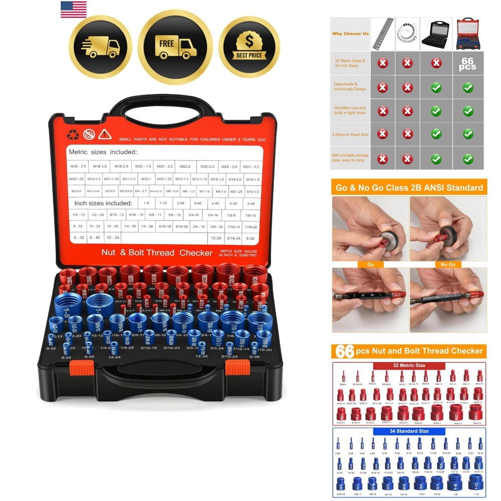 66 Pcs Nut and Bolt Thread Checker – 34 Standard & 32 Metric, Detachable Bolt…