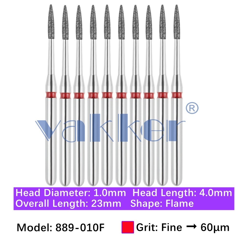 Vakker 10pc Dental 889-010F Fine Grit Diamond Burs Friction Grip FG Flame Bur