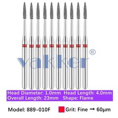 Vakker 10pc Dental 889-010F Fine Grit Diamond Burs Friction Grip FG Flame Bur