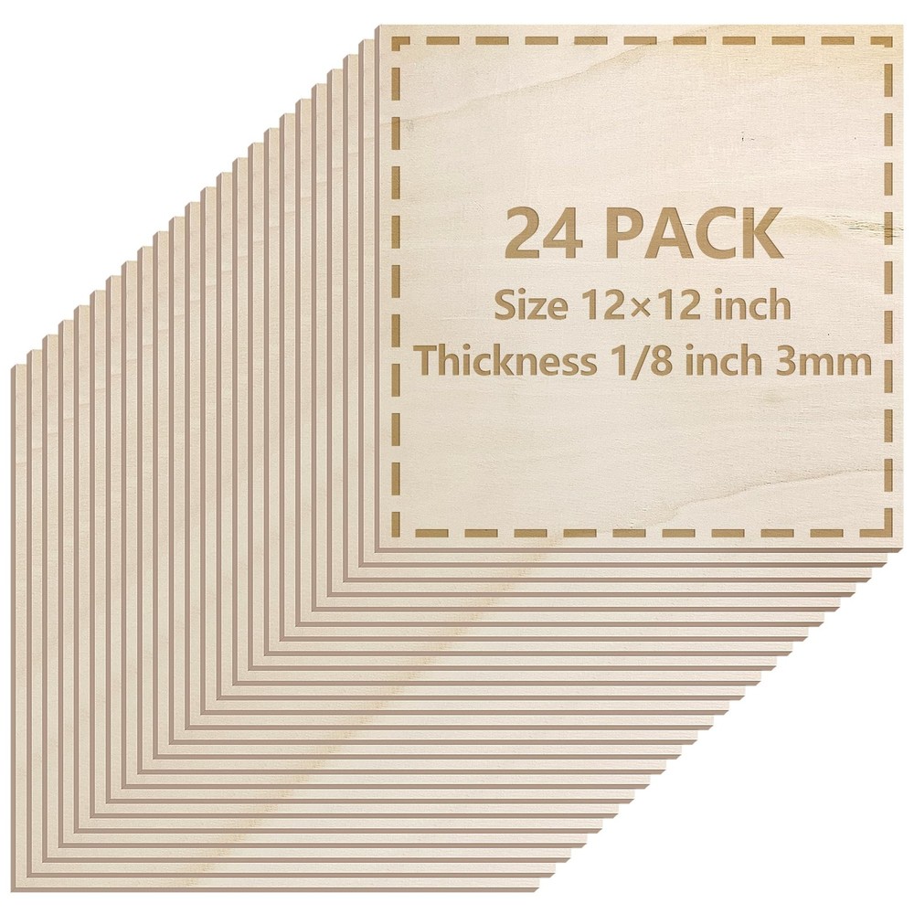 24 Pack Basswood Sheets 12x12x1/8in 3mm Unfinished for Laser Cutting Crafts DIY