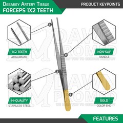 Debakey Artery Tissue Forceps 1×2 Teeth 8″ Gold Handle ENT Surgical Instruments