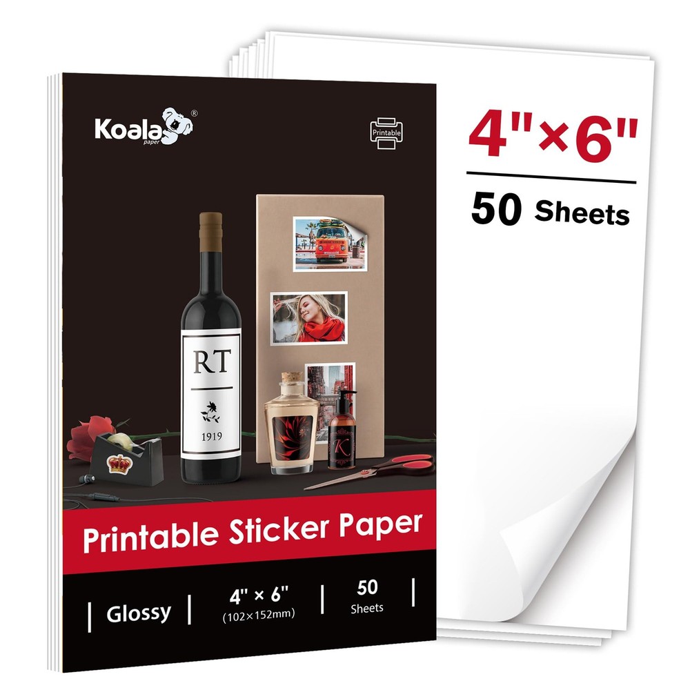 Koala 4×6 Inch Glossy Sticker Paper for Inkjet and Laser Printer, 50 White