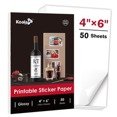 Koala 4×6 Inch Glossy Sticker Paper for Inkjet and Laser Printer, 50 White