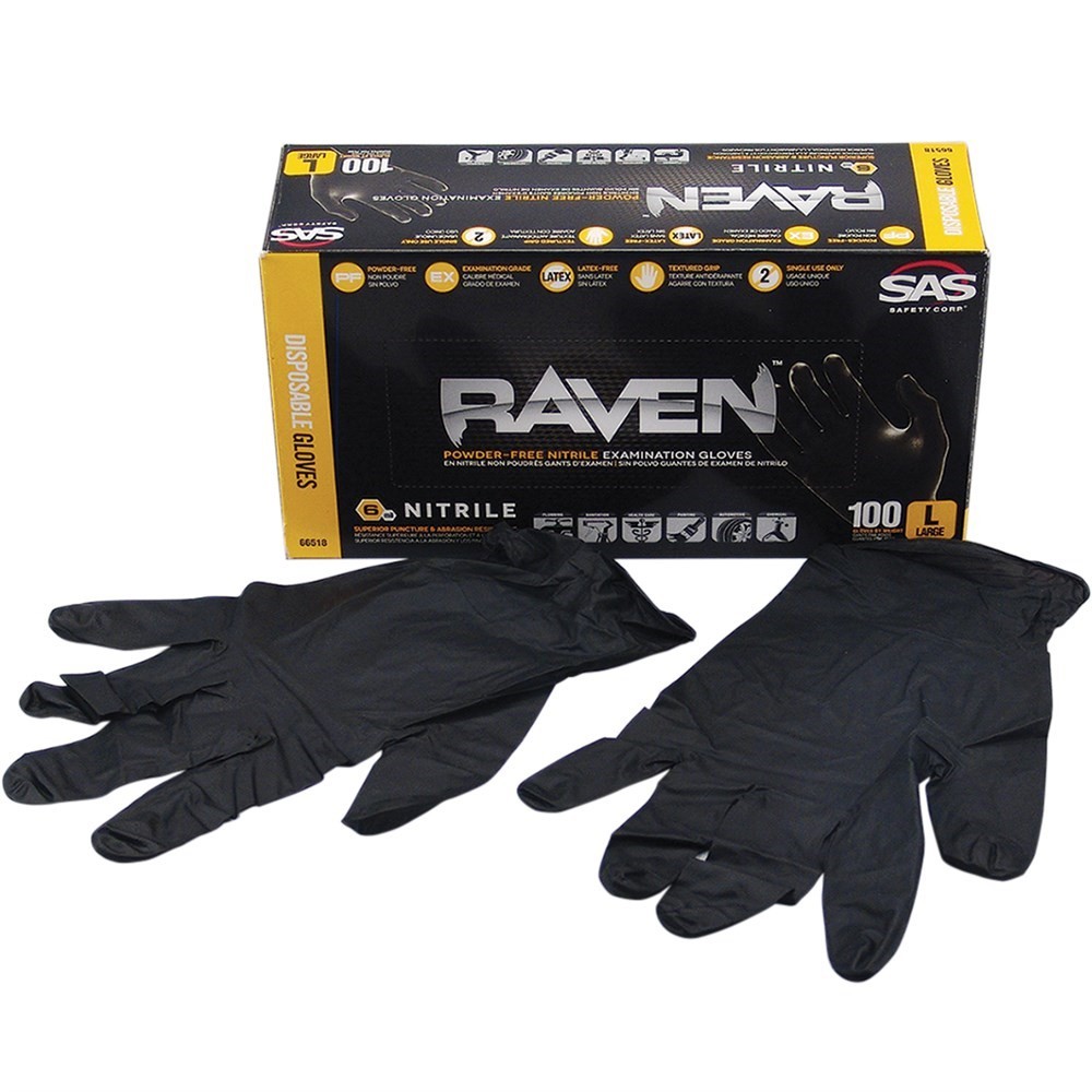 SAS RAVEN Disposable Nitrile Work Gloves, Large, 100-pk #8061-87