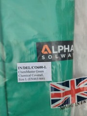 ALPHA SOLWAY CHEMMASTER GREEN COLLARED CHEMICAL COVERALL SIZE L