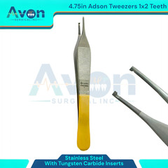 Gold Handle 1×2 Teeth Adson Tissue Forceps, 4.75in, w/ TC Inserts – German Steel