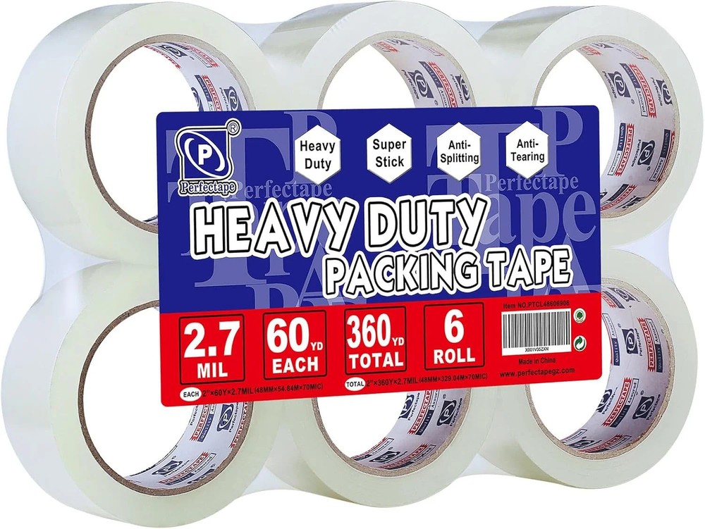 P PERFECTAPE Heavy Duty Packing Tape 6 Rolls, Clear, 2.7 mil, 1.88″ x 60Y | Tota