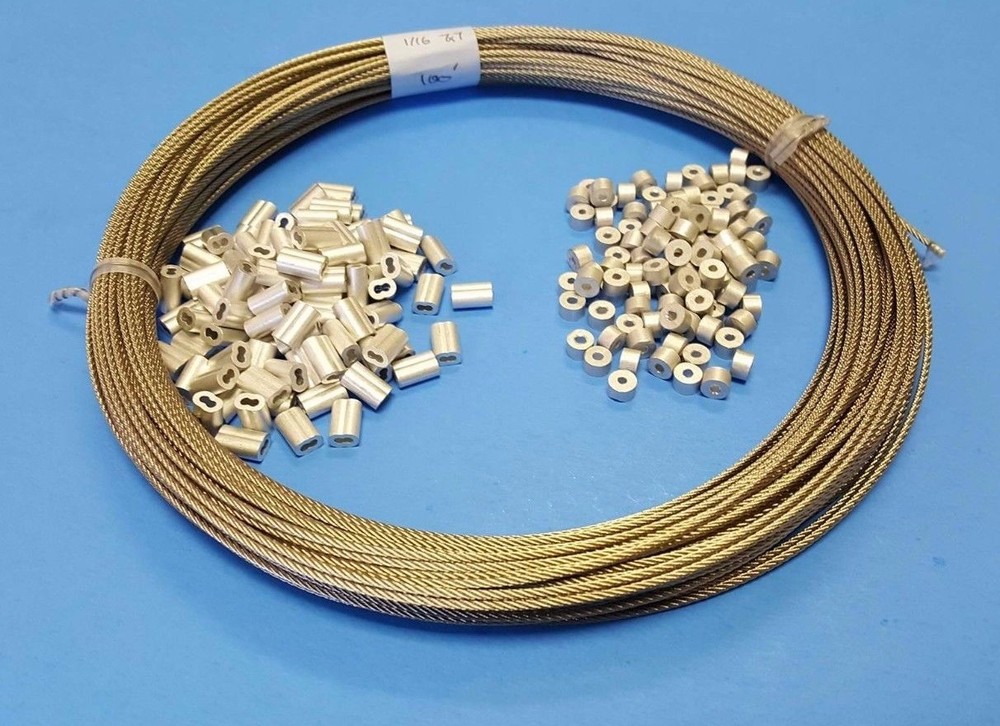 T316 Stainless Steel Wire Rope Cable 1/8″ 7×19 with Sleeves & Stops 100 ft coil