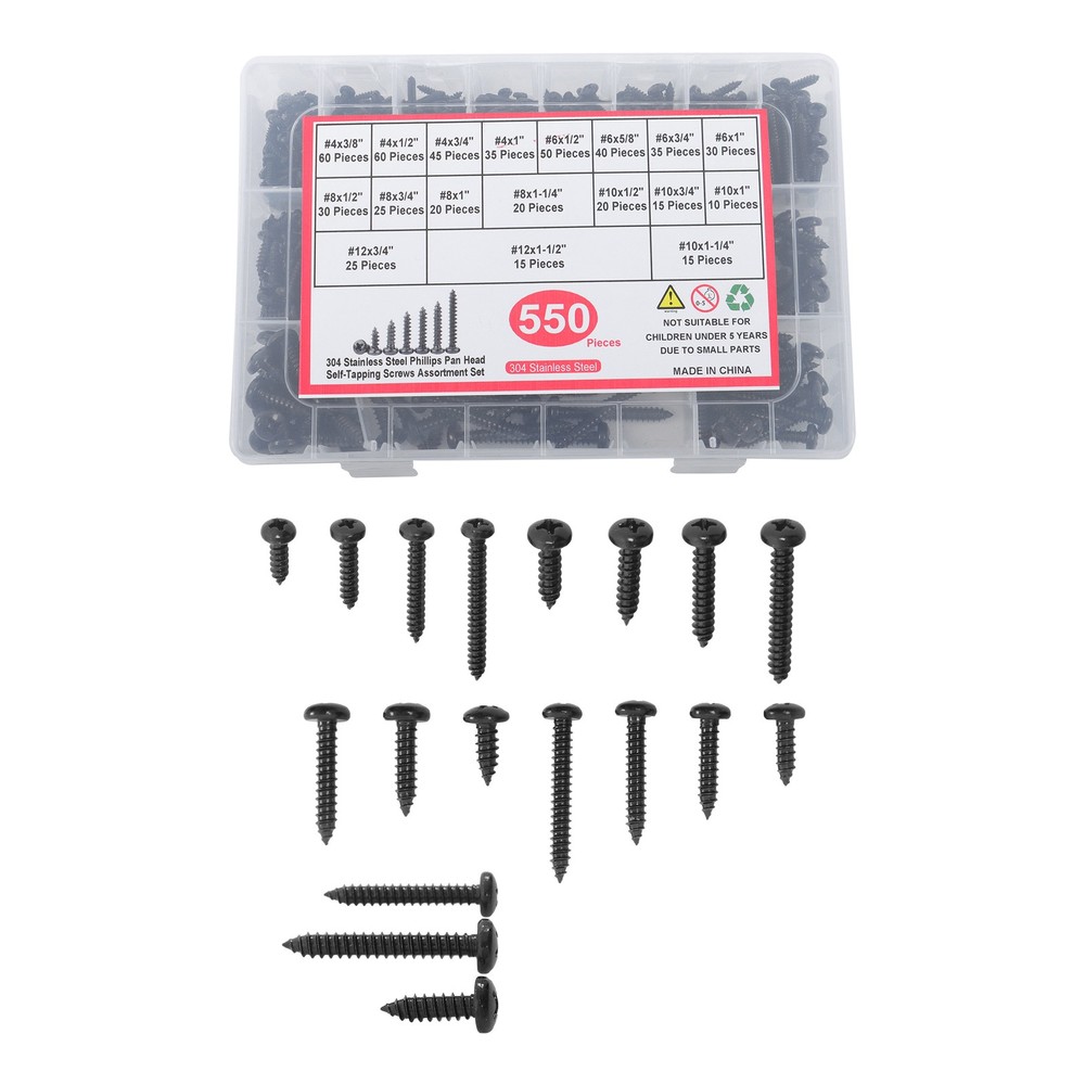 550Pcs 304 Stainless Steel Black Wood Screws, Phillips Pan Head Assortment Kit