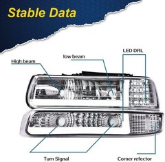 LED DRL Headlight 99-2006 Chevy Silverado Suburban Tahoe 1500 2500 Clear Chrome