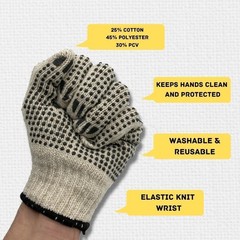 Large 12 Pairs – Tan, Black Double Dot PVC Gloves Knitted Cotton, PVC