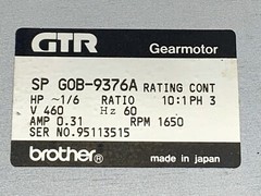 BROTHER GTR, GEAR MOTOR, SP GOB-9376A, 1/6 HORSE POWER, RATIO 10:1, PH 3, 460V
