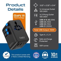 Ceptics GAN 100W Universal Travel Adapter with Retractable USB-C Cable, 2X US…