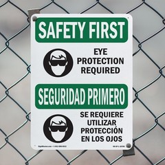 Eye Protection Required Bilingual OSHA SAFETY FIRST Sign Or Decal – 5 or 10 Pack