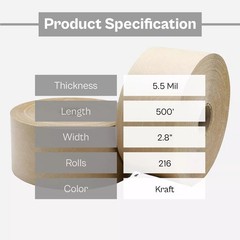 216 Rolls Kraft Water Activated Heavy Grade Gum Tape 2.8 Inch x 500 Ft, 5.5 Mil