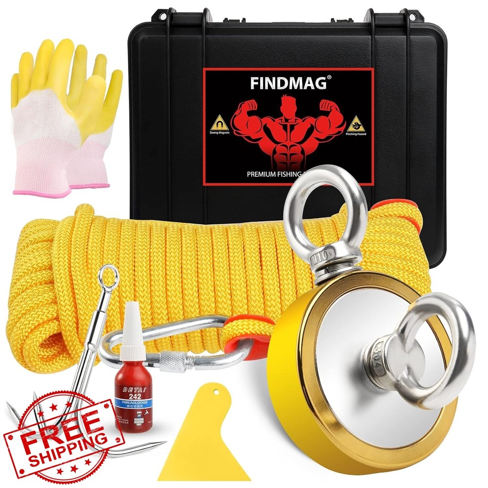 FINDMAG Magnet Fishing Kit 2.95 inch 1000lb Golden Double Hole